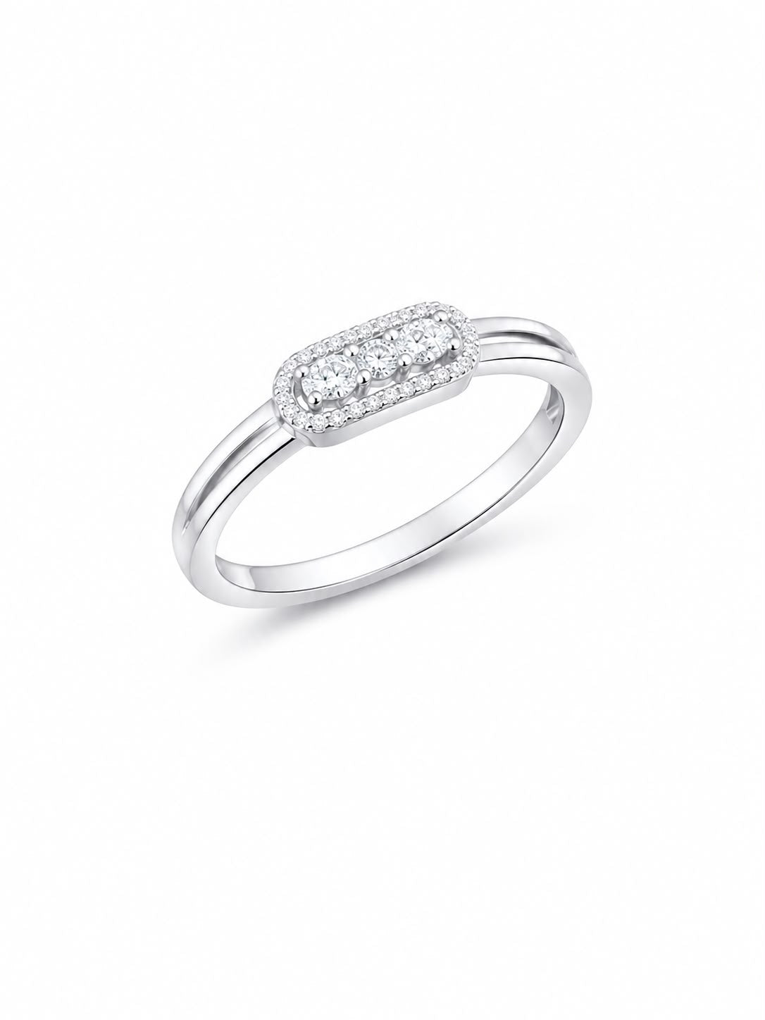 Three Stone Halo Silver Ring