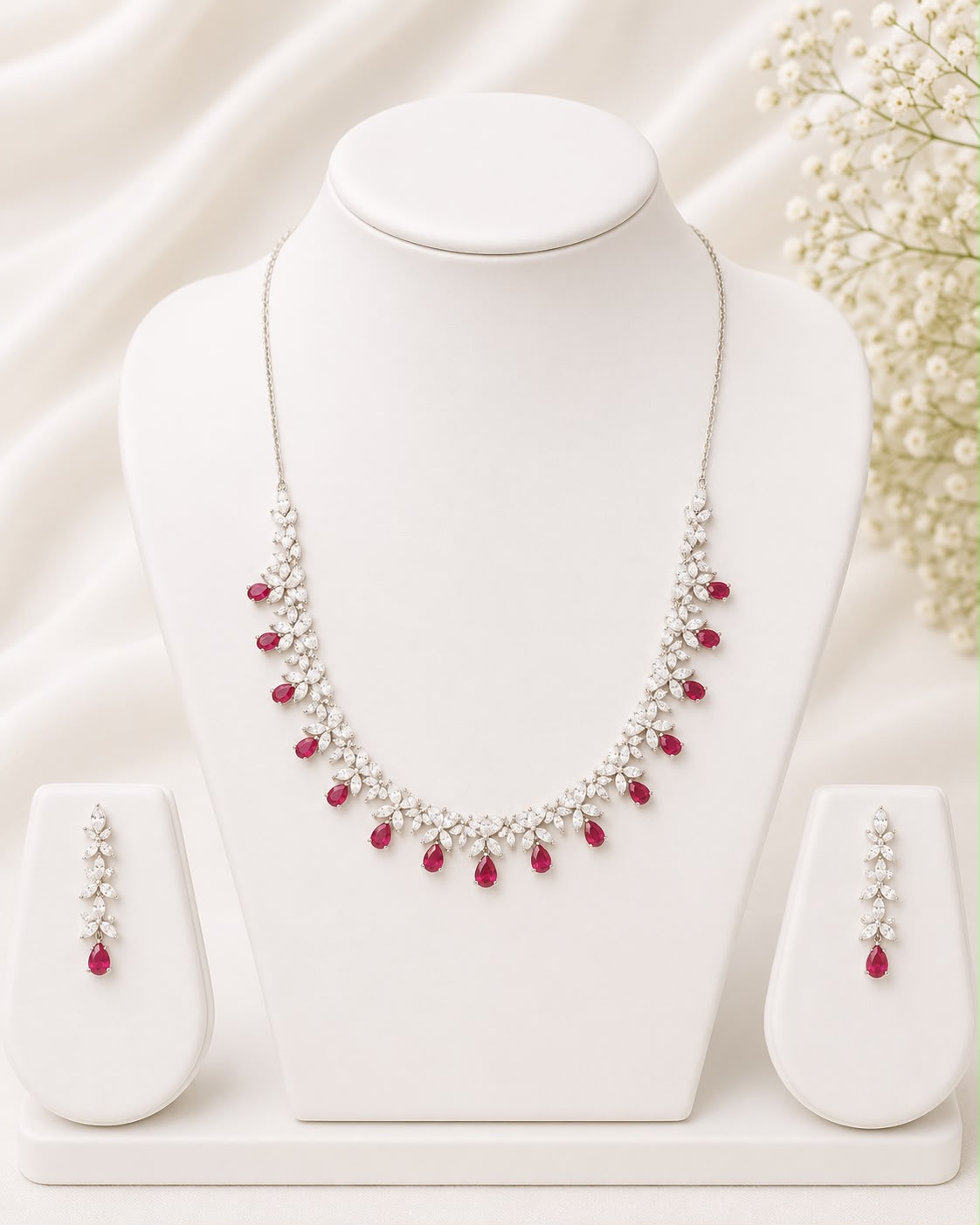 Floral Ruby CZ Necklace Set