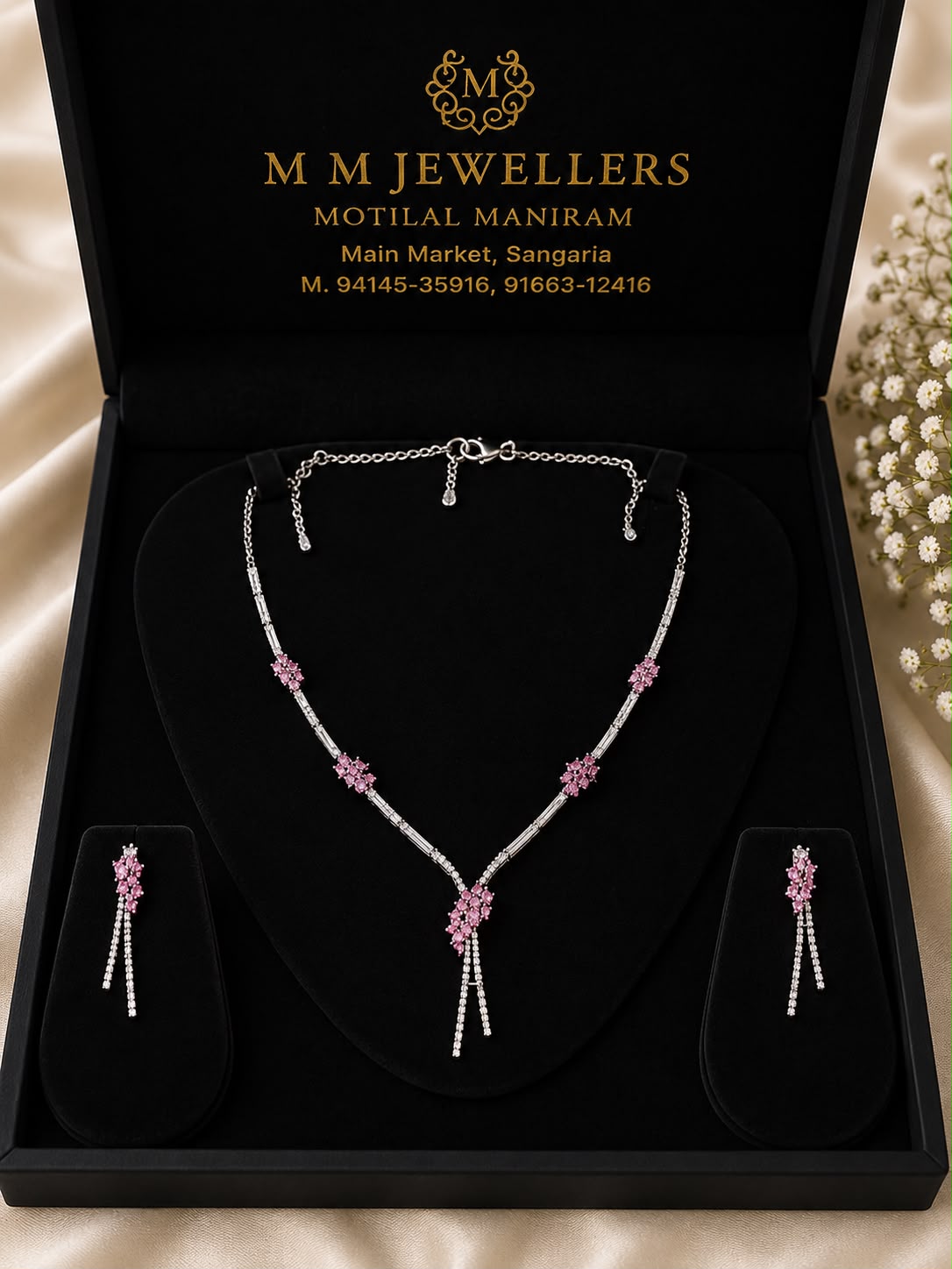 Silver & Pink Floral Diamond Necklace Set