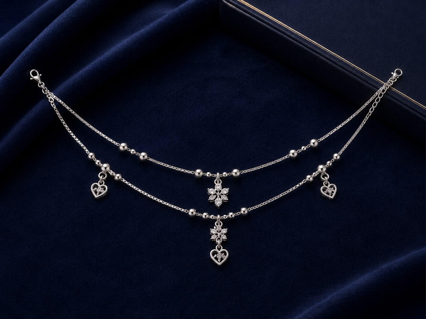 Silver Double-Layer Heart & Floral Charm Anklet