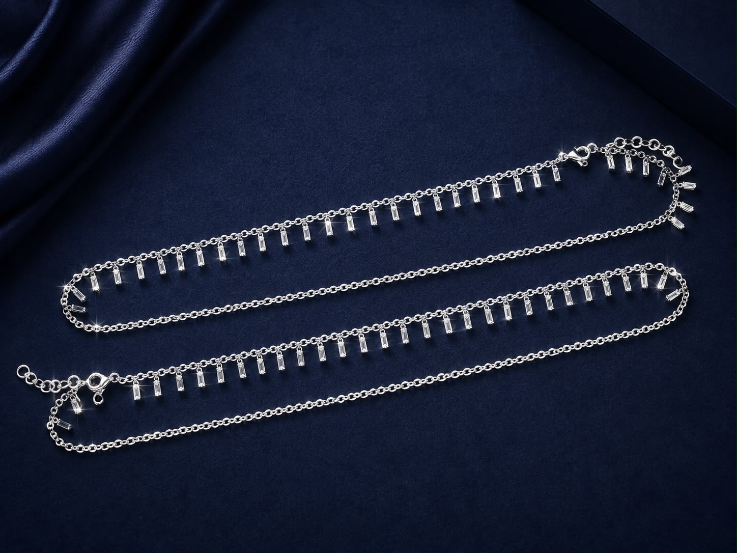 Silver Baguette Crystal Fringe Anklet