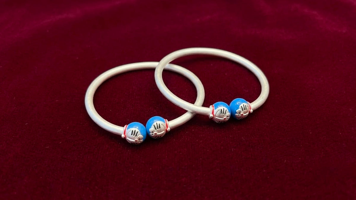 Silver Baby Kada with Blue Character Beads