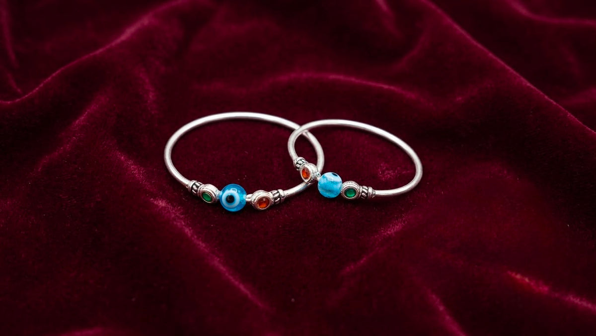 Silver Baby Kada Set with Blue Nazar Bead