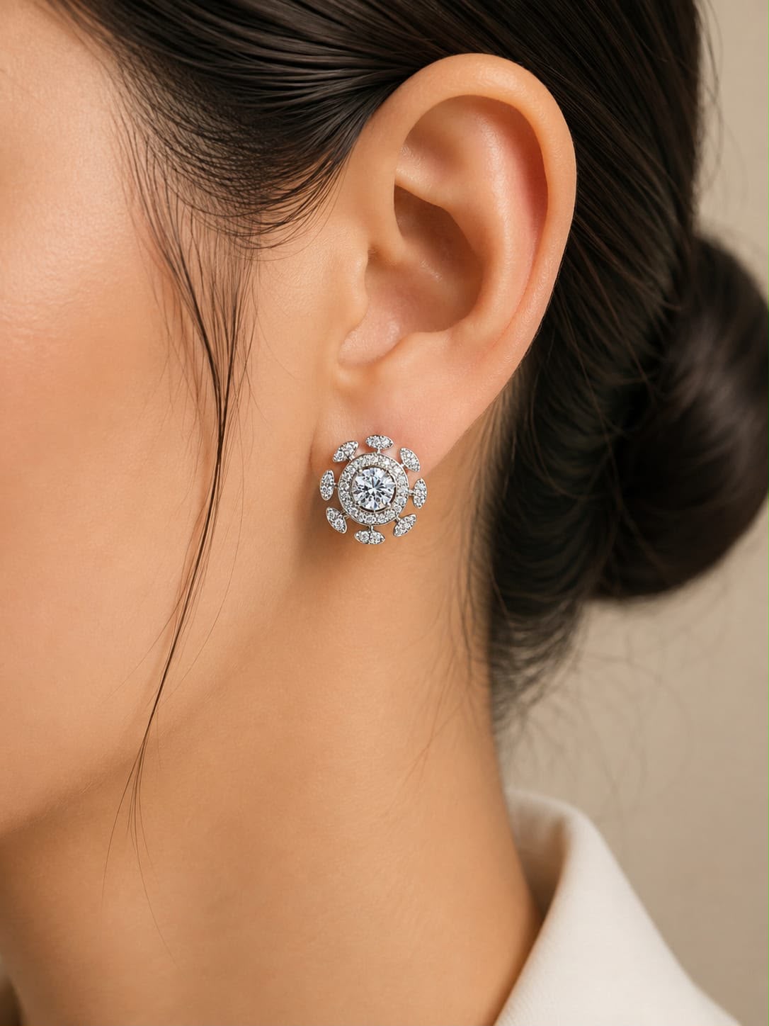 Elegant Round Floral Diamond-Style Stud Earrings