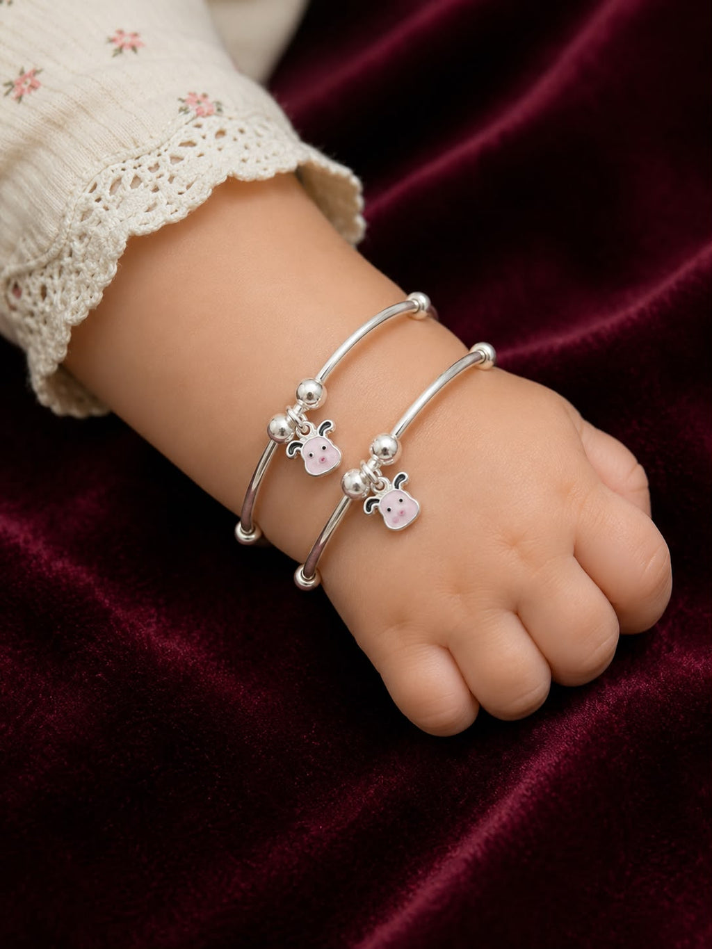 Silver Baby Kada Set with Cute Cow Charms