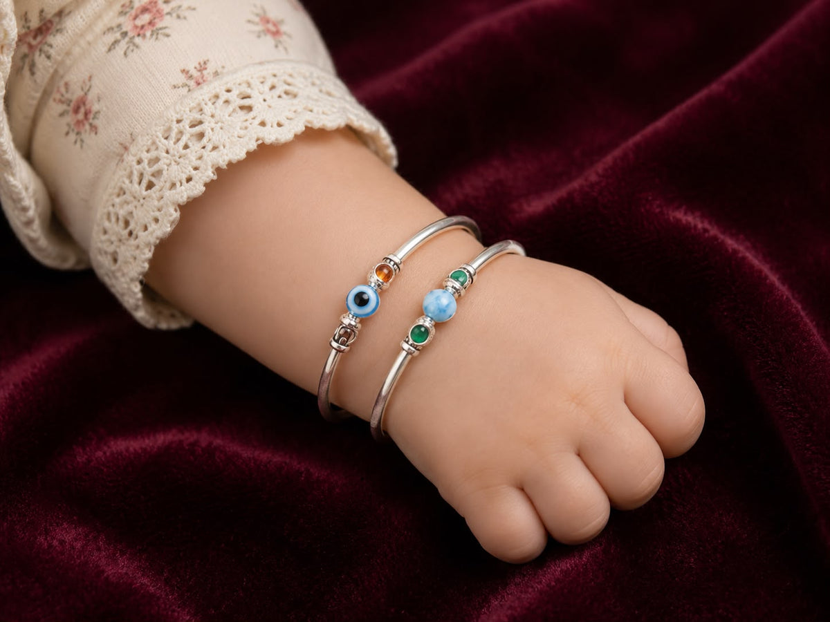 Silver Baby Kada Set with Blue Nazar Bead